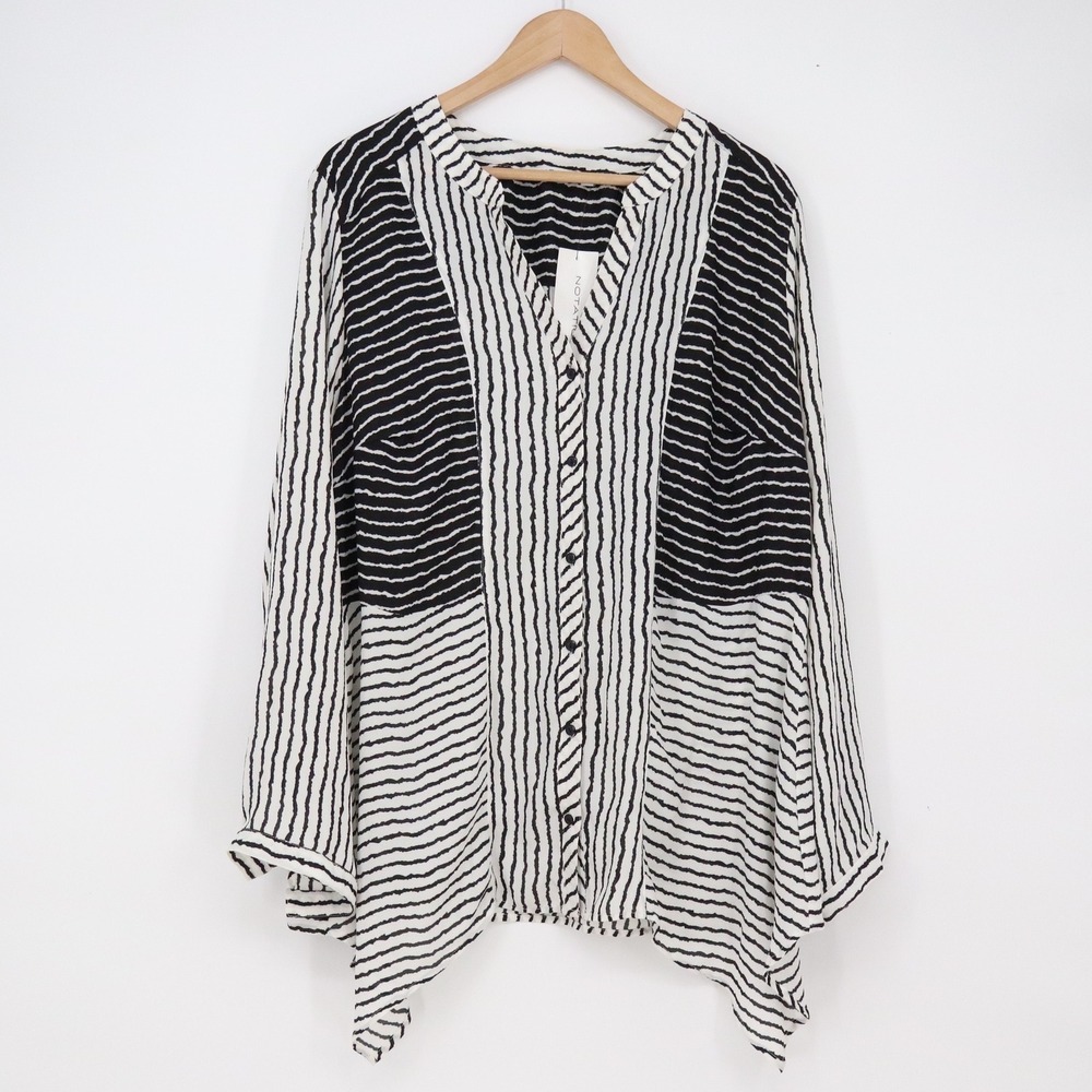 Notations Blouse Woman 2X Black White Wavy Stripe Button-Down NEW